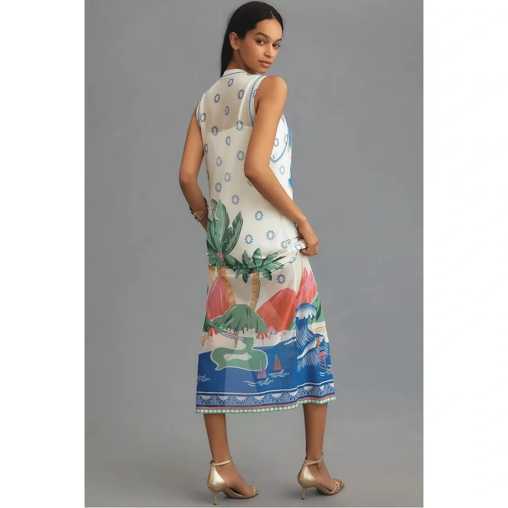 Anthropologie Farm Rio Tropical Mesh Midi Dress Blue White XS Vacation NWT - Picture 6 of 7